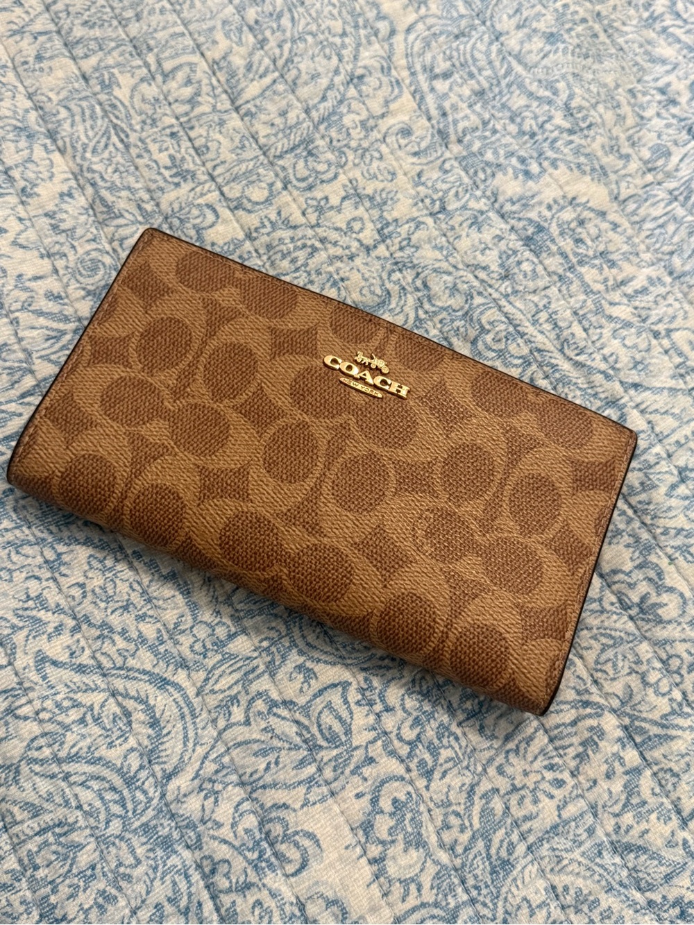 Coach Monogram Continental Wallet in Brown with Gold Logo